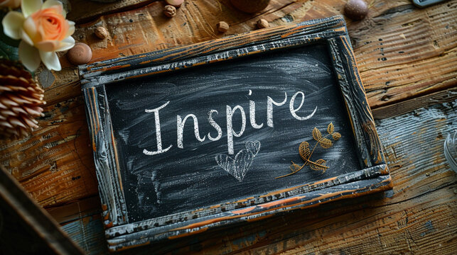 A chalkboard displaying the word "Inspire" written in elegant cursive chalk set atop a rustic wooden table with visible grain