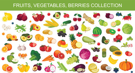 Set of berries and fruits, vegetables on a white background. Vector icon	
