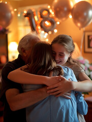 Intimate 18th birthday scene with a heartfelt family embrace, warm room illumination, soft-focus "18" decorations, and an atmosphere rich with love and celebratory joy.