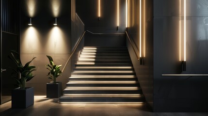 Stylish interior with illuminated staircase and decorative plants