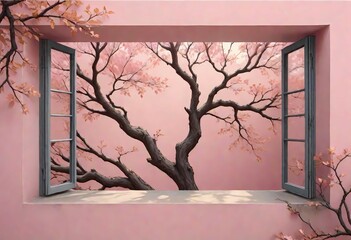 Stylized Window Frame With Tree Branches Visible Through It, Artistic Blend Of Nature And Architecture, Generative AI