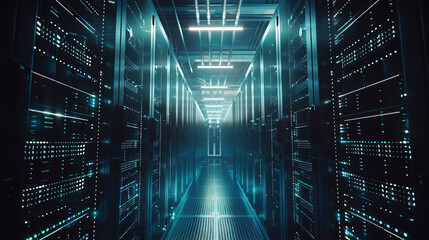 Modern Data Technology Center Server Racks in Dark Room with VFX. Visualization Concept of Internet of Things, Data Flow, Digitalization of Internet Traffic. Complex Electric Equipment Warehouse.