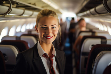 Professional cabin crew or air hostess working with a service mind in an airplane during flight...
