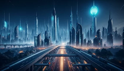 Foto op Plexiglas City of Tomorrow: Futuristic Metropolis with Illuminated Highway © Only 4K Ultra HD