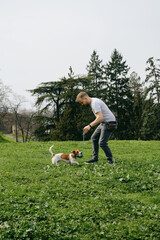 Caucasian man plays toy rope tug-of-war with a dog on green grass. An active spring walk in park of...