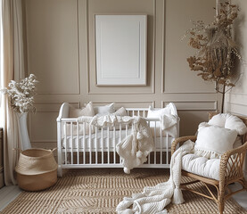 Cozy nursery room with white crib, rocking chair, and neutral tones.