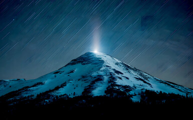 A mountain at night with a bright light coming from the top. mountain with meteors in the sky. exploration, no people, photography, color image, beauty in nature