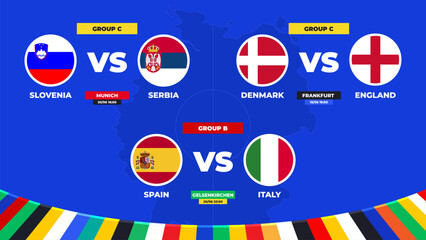 Match schedule. Group B and C matches of the European football tournament in Germany 2024! Group stage of European soccer competition Vector illustration. - obrazy, fototapety, plakaty