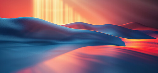 Abstract wavy background in blue and red tones with light effects.