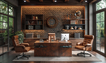 Elegant home office with brick wall, wooden desk, leather chairs, and bookshelves. Vintage style with modern computer. - obrazy, fototapety, plakaty