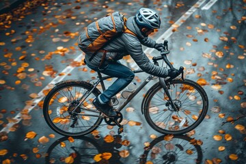 Determined cyclist braving a rainy, leaf-covered street in a city setting during autumn - obrazy, fototapety, plakaty