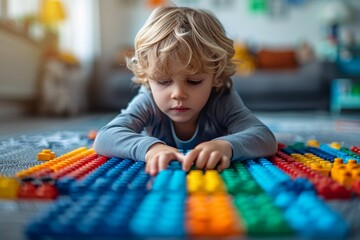 A young child focused on arranging multicolored building blocks on a play mat