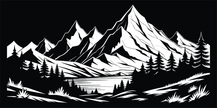 Black and white mountain line arts wallpaper, luxury landscape background design for cover, invitation background vector.ai generated