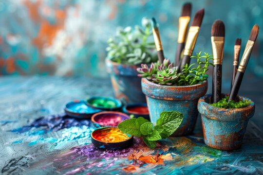 Fresh succulent plants placed amidst artistic paint pots and brushes on a colorful, crafty surface