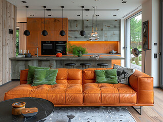 Modern living room interior with orange sofa, wooden walls, and contemporary kitchen in the background. - obrazy, fototapety, plakaty