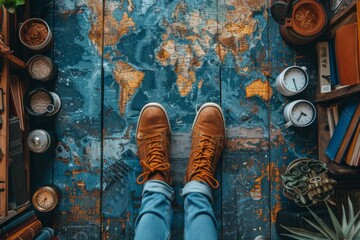 Overhead view of a traveler’s feet on a world map, symbolizing wanderlust and the planning of a global journey - obrazy, fototapety, plakaty