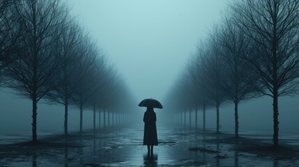 Mystical Avenue in Mist, solitary figure with an umbrella stands at the center of a tree-lined...