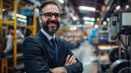 Cheerful businessman with beard in a factory setting. Industrial environment portrait with blurred machinery background.