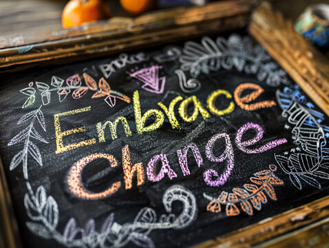 The phrase "Embrace Change" artfully written in chalk on a chalkboard resting on a table with an intricate geometric design