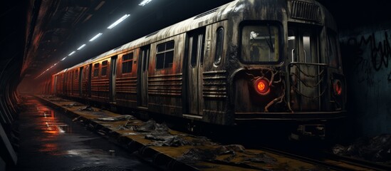 Obraz premium A train, powered by electricity, is rolling through a dark tunnel. This public transport vehicle is part of the railway system, utilizing electrical supply to carry passengers in passenger cars