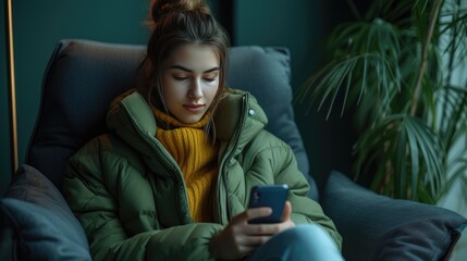 Cozy Winter Texting, young woman in a warm green jacket and yellow scarf engrossed in texting on her phone, sitting comfortably indoors - obrazy, fototapety, plakaty