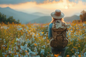 A woman traveler with backpack stands amidst wildflowers enjoying the mountain vista as the sun sets