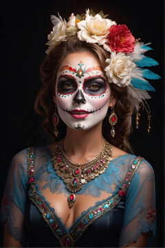 beautiful woman with painted skull on her face for Mexico's Day of the Dead