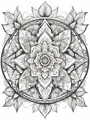 mandala round frame and sketch with line smoothly outline shape coloring page, white background, ai generated 