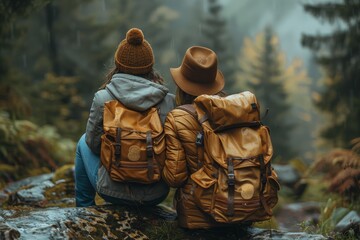 Two adventurers in warm clothing sit closely, enjoying a serene view with their matching backpacks - obrazy, fototapety, plakaty