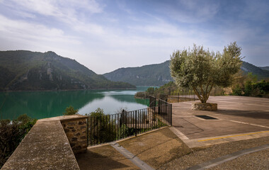 Terrace overlooking the lake in the town of Liguerre de Cinca Aragon Spain