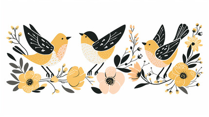 Pássaro amarelo e flores da primavera - Ilustração fofa - obrazy, fototapety, plakaty
