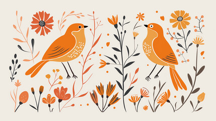 Pássaro laranja e flores da primavera - Ilustração fofa - obrazy, fototapety, plakaty