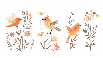 Pássaro laranja e flores da primavera - Ilustração fofa - obrazy, fototapety, plakaty