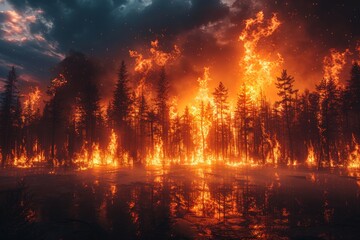 Fototapeta na wymiar Dramatic Night Scene of a Wildfire Consuming a Dense Forest.