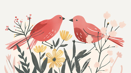 Pássaro vermelho e flores da primavera - Ilustração fofa