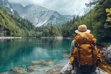 A hiker with a backpack sits lakeside, staring at a clear mountain lake and lush greenery of a forest - obrazy, fototapety, plakaty