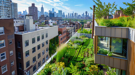 Urban Sustainable Rooftop Garden Amidst Cityscape on a Sunny Day