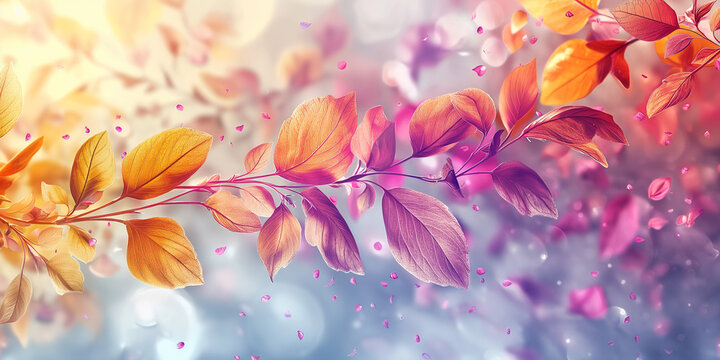 Leuchtende Blätter in pink und schönen Bokeh im Hintergrund als Poster Nahaufnahme, ai generativ