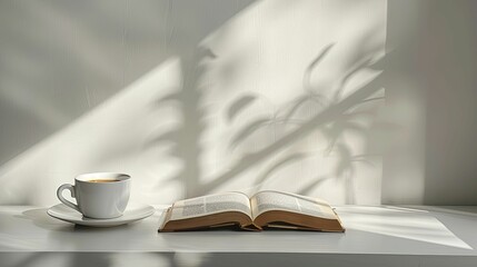 Clean, minimal setup of a workspace with an open book and a coffee cup, on a light background, simplicity and work