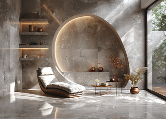 Modern minimalist living room with a stylish round wall niche, lounge chair, and decorative plants.