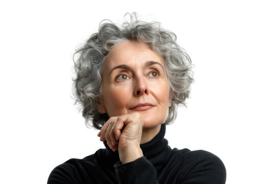 Studio portrait of a beautiful old mature Caucasian Americana woman in casual look with an attractive smile, isolated on transparent png background.