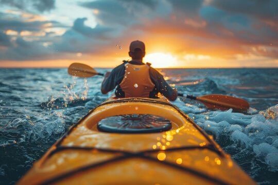 A stunning image capturing a kayaker paddling through ocean waves against a backdrop of a vivid sunset