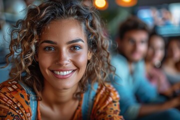 A cheerful woman with curly hair is smiling in a well-lit, casual environment