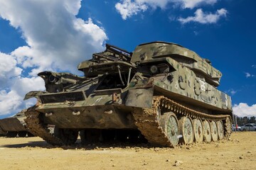 Fototapeta premium Battlefield tanks and technology. military technology. Wide image for banners, advertisements.