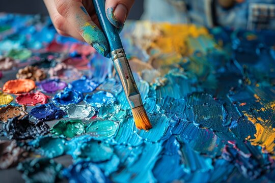 High-resolution shot of an artist's palette teeming with colorful strokes of paint and a paintbrush