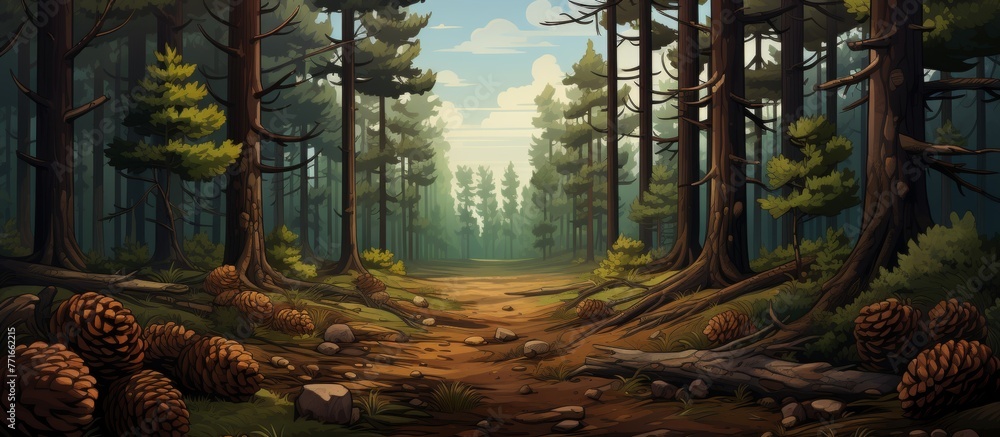 Poster a winding path cuts through a dense forest of towering trees and pine cones, creating a serene natur
