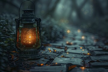 A faint depiction of a lantern illuminating a path made of book pages, journey through stories. - obrazy, fototapety, plakaty