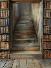 Faint outline of a staircase made from books, leading to a barely visible door, pathway to knowledge