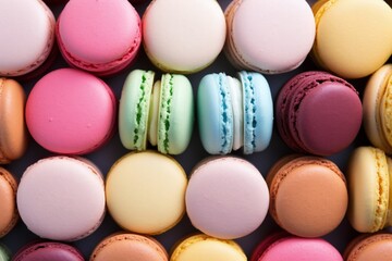 Fototapeta premium A vibrant array of pastel macaroons entice with their sweet confectionery charm