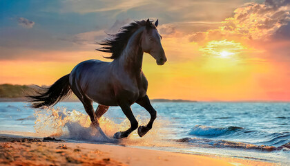 caballo negro corriendo por la orilla del mar a la puesta del sol - obrazy, fototapety, plakaty
